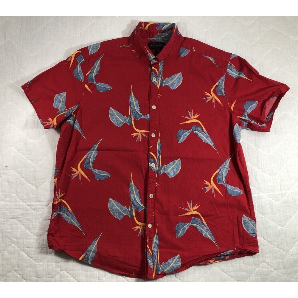 No Boundaries Shirt Men's XL Red Floral Print Short Sleeve Button Up Tropical